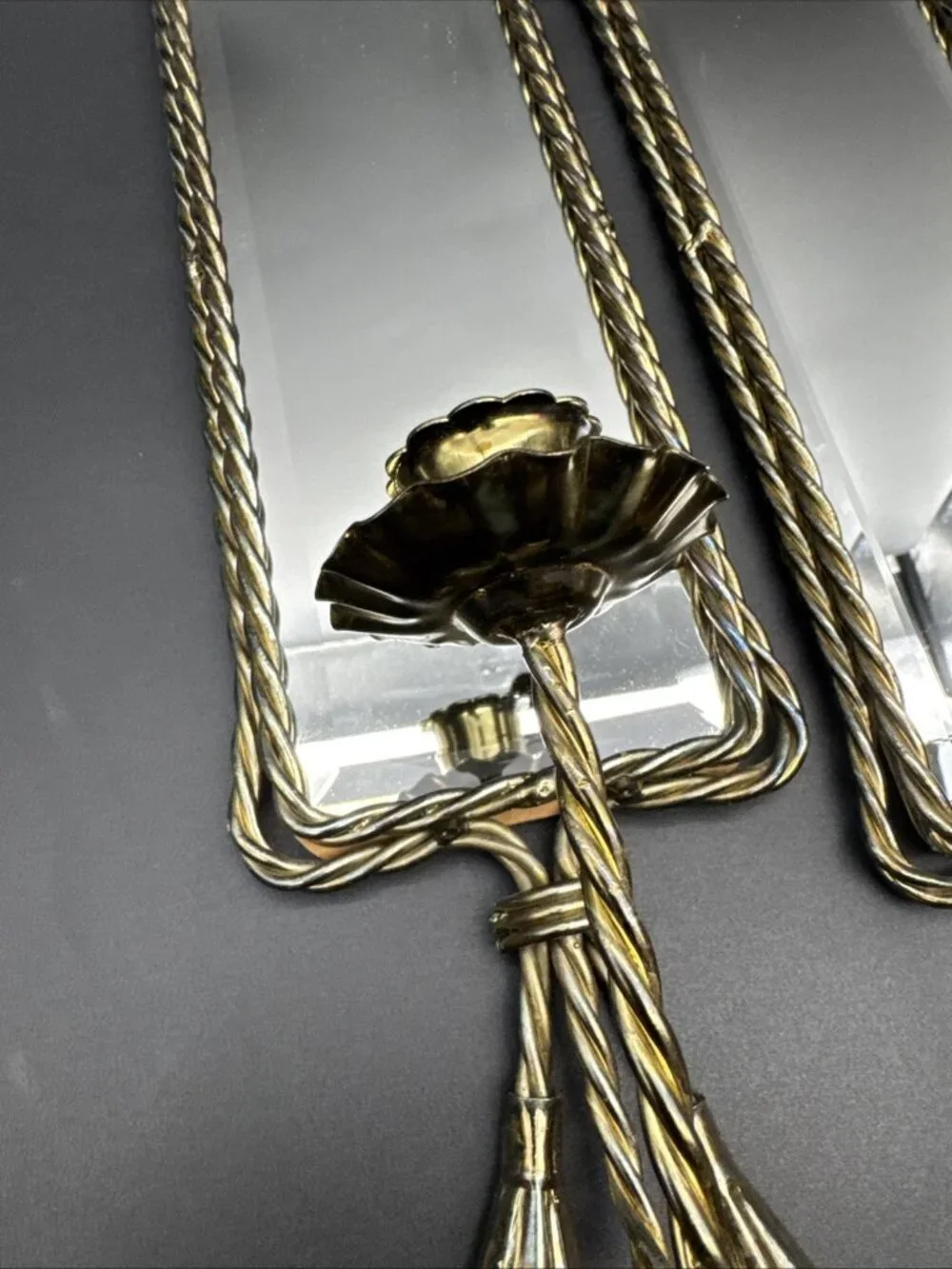 Vtg Midcentury French Gold Twisted Metal Rope Tassel Mirrored Candle Sconce Pair